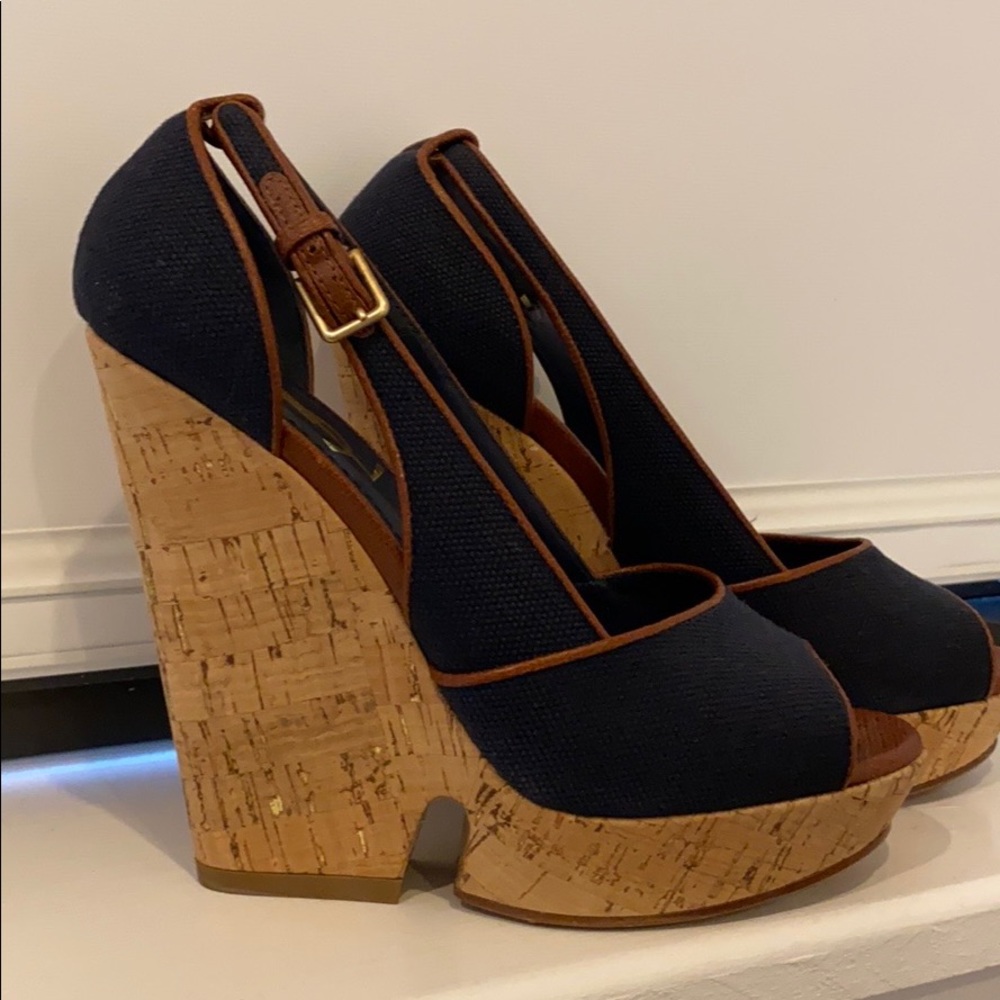 Dark denim and corkscrew YSL wedge heels